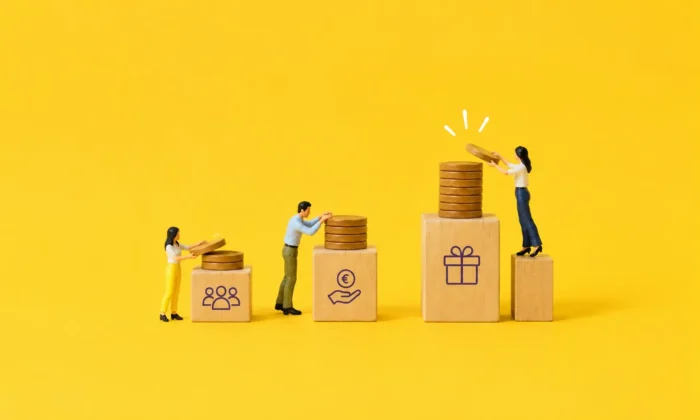 Illustration avec une balance sur laquelle figure différents mécanismes de partage de la valeur.