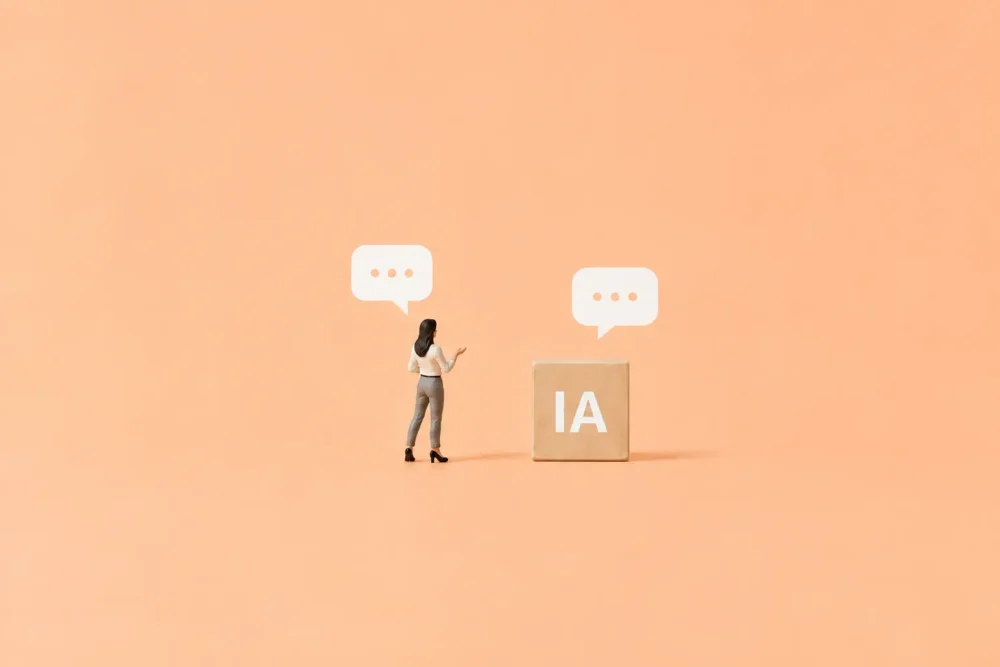 Illustration d'un personnage et d'un cube en bois illustrant l'intelligence artificielle dans un dialogue relevant d'un processus de recrutement.