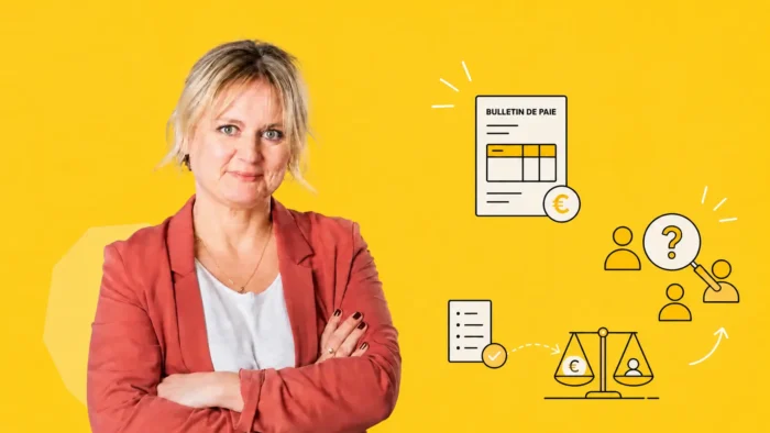 Illustration avec photo de la sociologue Élise Penalva-Icher et icônes illustrant le bulletin de paie, les questions qu'il pose encore et les enjeux en matière de transparence.