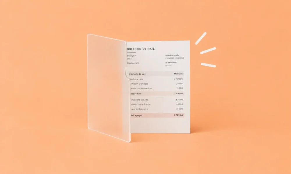 Illustration d'un bulletin de paie sur lequel s'enlève une fine pellicule floue pour en révéler l'ensemble des éléments.