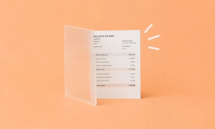 Illustration d'un bulletin de paie sur lequel s'enlève une fine pellicule floue pour en révéler l'ensemble des éléments.