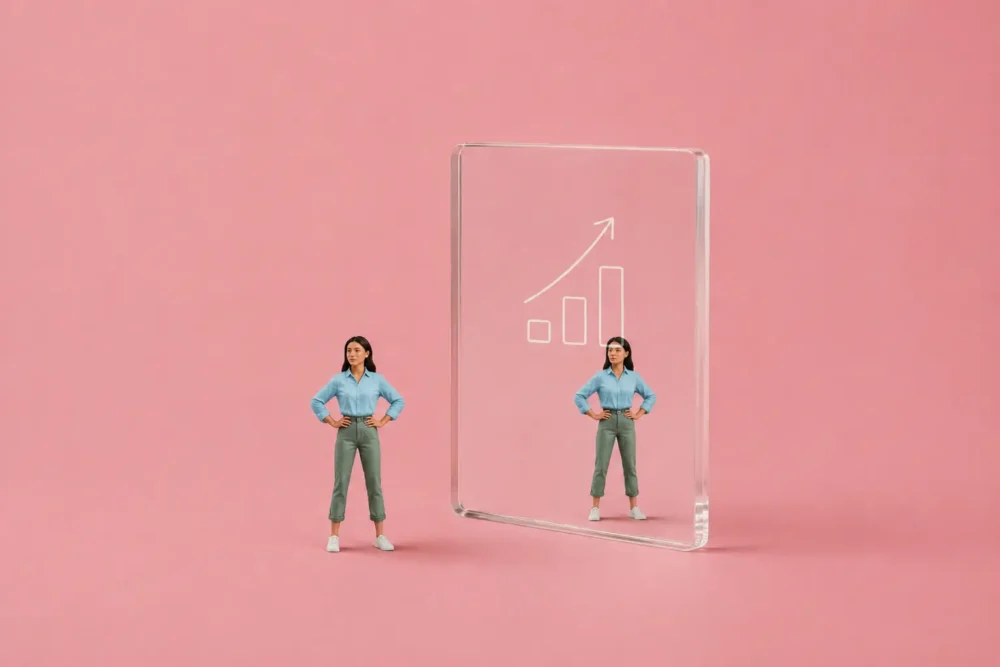 Illustration avec un personnage qui se regarde dans un miroir transparent pour évaluer sa maturité RH à l'aune de la directive sur la transparence salariale.