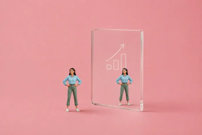 Illustration avec un personnage qui se regarde dans un miroir transparent pour évaluer sa maturité RH à l'aune de la directive sur la transparence salariale.