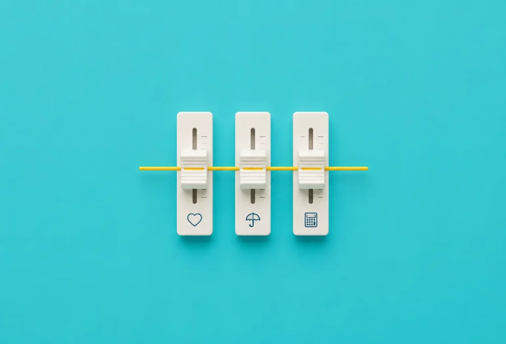 Illustration avec trois variateurs positionnés sur le même niveau pour illustrer le langage commun de la santé, prévoyance et paie.