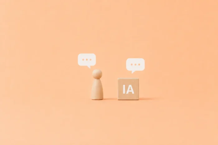 Illustration d'un pion et d'un cube en bois illustrant l'intelligence artificielle dans un dialogue relevant d'un processus de recrutement.