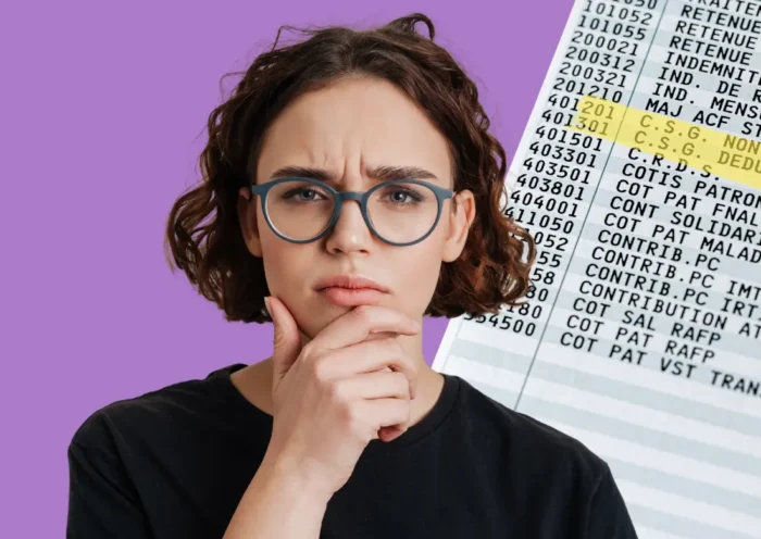 Bulletin de salaire avec mention CSG surlignée, document de paie 2025