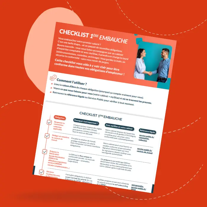 Visuel de la checklist des obligations légales lors d’une première embauche, incluant l’affiliation à une mutuelle santé et les démarches RH obligatoires.