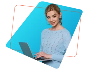Personne participant à un webinaire professionnel sur ordinateur portable, fond bleu avec éléments graphiques