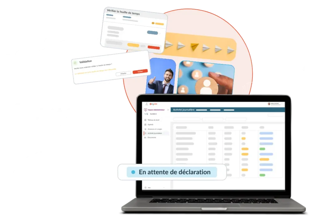 Illustration de la solution mySilae pour piloter toute la stratégie RH : gestion des temps, suivi des horaires, absences, entretiens, visites médicales et production des bulletins de paie.