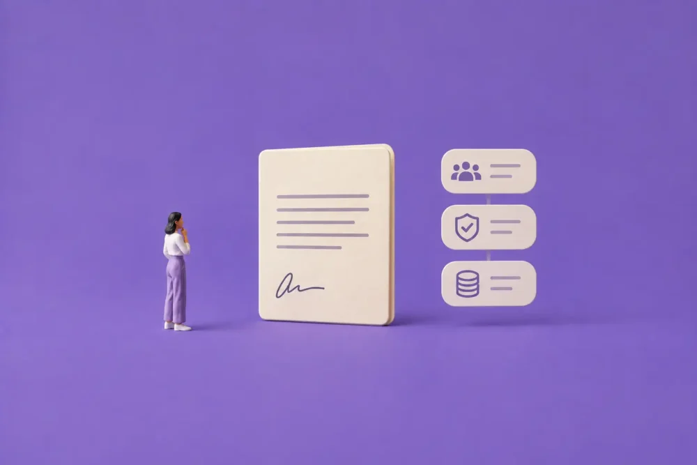 Illustration d'un personnage face à un modèle de contrat pour savoir si celui comporte ou non des défauts pouvant le mettre à risque.