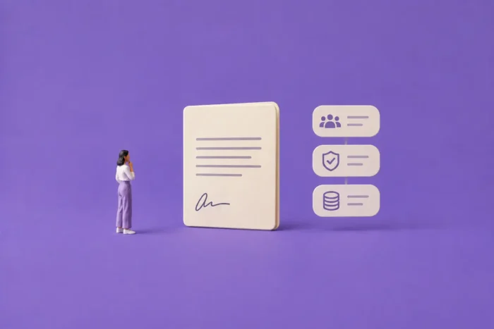 Illustration d'un personnage face à un modèle de contrat pour savoir si celui comporte ou non des défauts pouvant le mettre à risque.