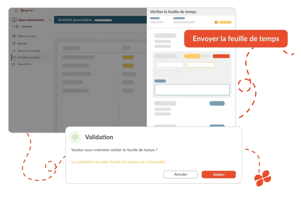 Interface mySilae pour la déclaration et la validation des feuilles de temps : saisie intuitive des horaires, validation en masse et suivi en temps réel pour sécuriser la gestion des temps.
