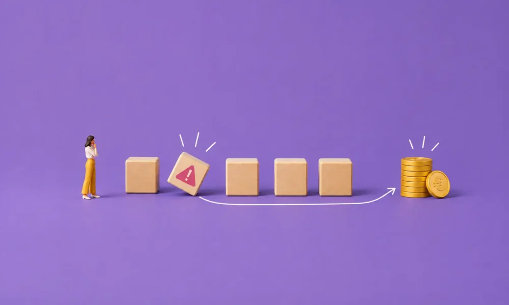 Illustration de cubes en bois dont un qui comporte une erreur de paie entraînant des coûts cachés.