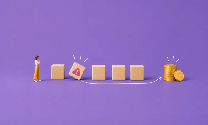 Illustration de cubes en bois dont un qui comporte une erreur de paie entraînant des coûts cachés.