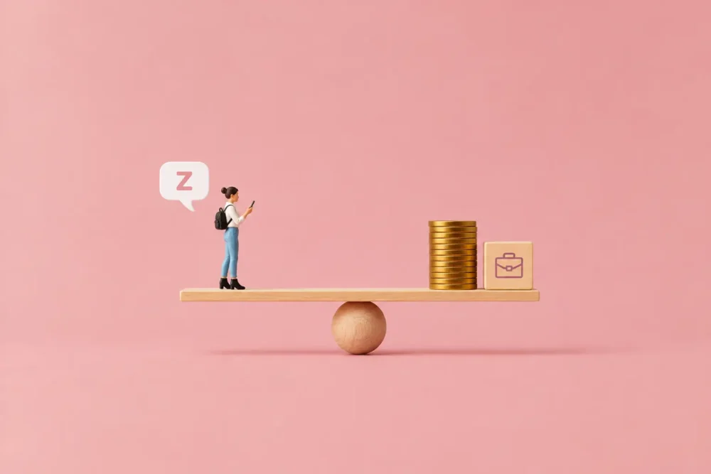 Illustration d'une balance en bois avec un personnage de la génération Z et un cube illustrant le contrat de travail et des pièces le rapport à l'argent.