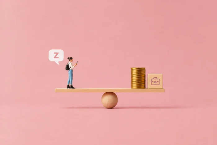 Illustration d'une balance en bois avec un personnage de la génération Z et un cube illustrant le contrat de travail et des pièces le rapport à l'argent.