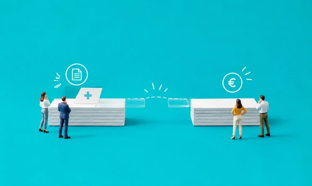 Illustration de deux petites plateformes blanches minimalistes avec une seule plaque transparente en plexiglas posée à côté sans relier les deux.