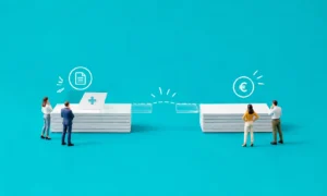 Illustration de deux petites plateformes blanches minimalistes avec une seule plaque transparente en plexiglas posée à côté sans relier les deux.