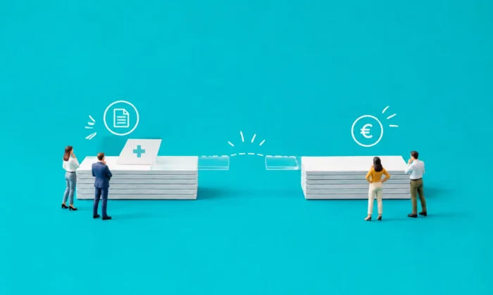 Illustration de deux petites plateformes blanches minimalistes avec une seule plaque transparente en plexiglas posée à côté sans relier les deux.