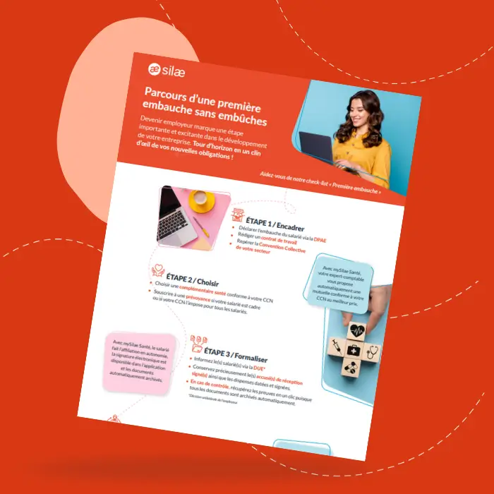 Infographie RH « Parcours d’une première embauche sans embûches » avec étapes clés : DPAE, contrat, mutuelle, registre du personnel.