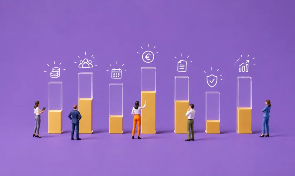 Illustration de 7 jauges comme autant d'indicateurs prévus par la directive sur la transparence salariale.