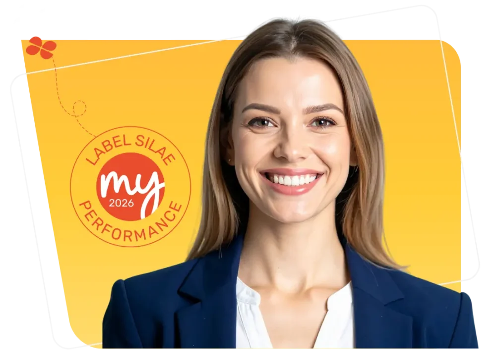 Visuel du label My Performance de Silae avec fond rouge et jaune, logo officiel "Label Silae My Performance 2025" et mise en avant de la reconnaissance des partenaires.