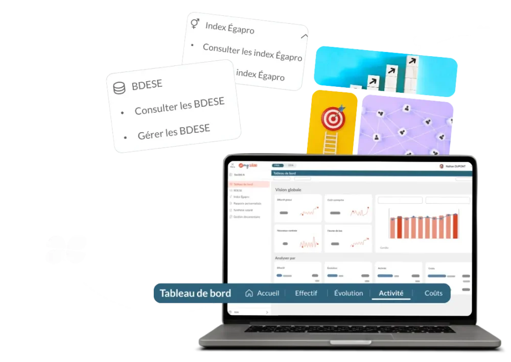 Dashboard mySilae BI de pilotage RH intégrant les données de paie et de DSN avec indicateurs sociaux, BDESE et index égalité