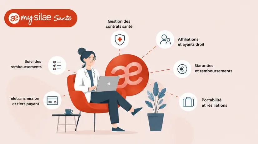 Illustration mySilae Santé représentant une gestionnaire santé utilisant un ordinateur avec les fonctionnalités d’affiliation, contrats santé, remboursements, télétransmission et portabilité des droits.