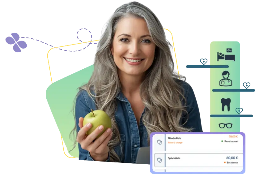 Femme souriante tenant une pomme, illustrant la compréhension des obligations en contrat santé et prévoyance entreprise avec mySilae Santé
