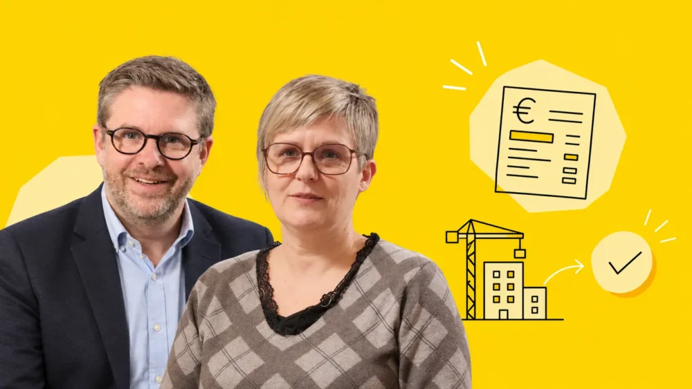 Illustration de Sandra Vedrenne, responsable paie de Paris Ouest Construction, et Erwan Guillou, directeur général adjoint de BRZ