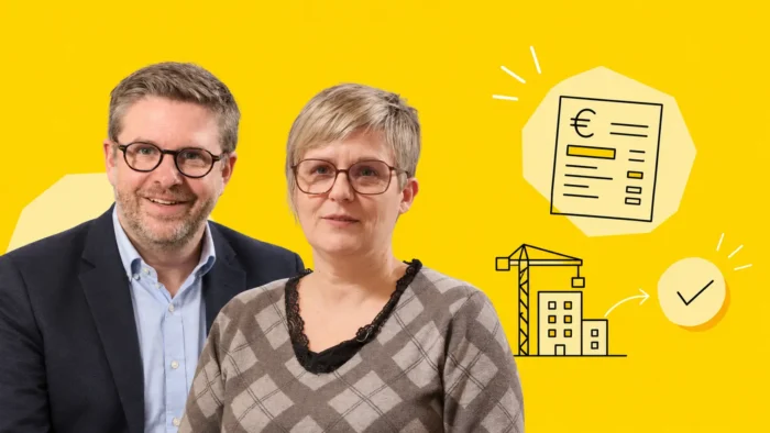 Illustration de Sandra Vedrenne, responsable paie de Paris Ouest Construction, et Erwan Guillou, directeur général adjoint de BRZ