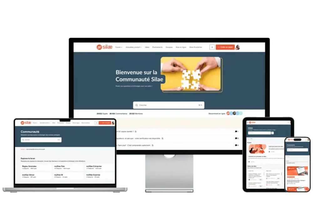 Interface de la communauté Silae affichée sur ordinateur, tablette et mobile
