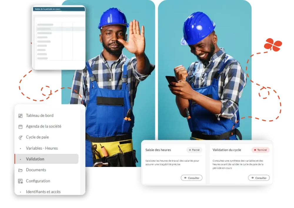 Interface My Silae avec salarié du BTP illustrant la saisie des heures et la validation du cycle de paie sur plusieurs chantiers