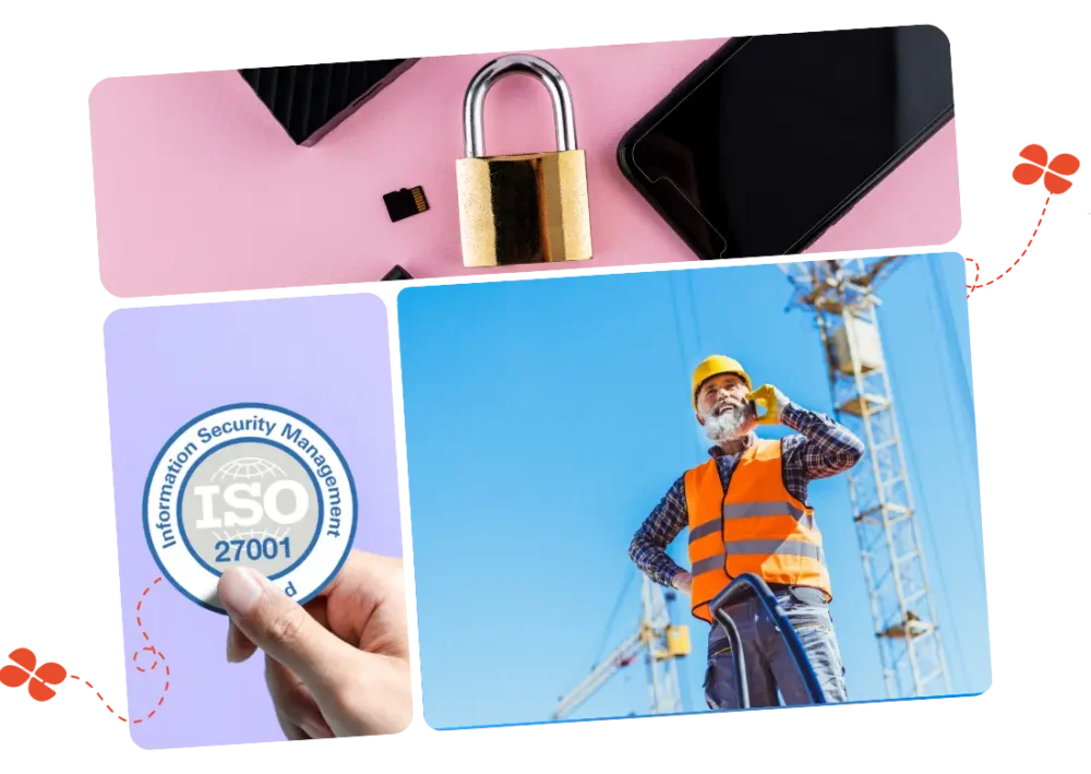 Illustration de la sécurité des données dans le BTP avec My Silae : padlock, certification ISO 27001, salarié sur chantier