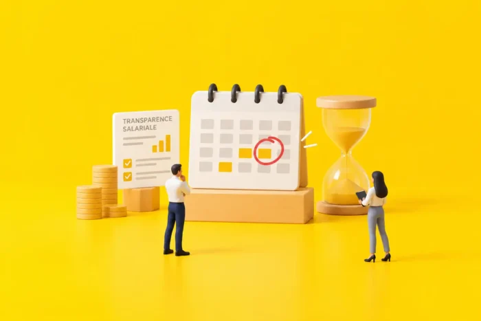 Illustration de la transparence salariale : un calendrier avec une date cerclée, un sablier et deux personnes qui préparent l’échéance